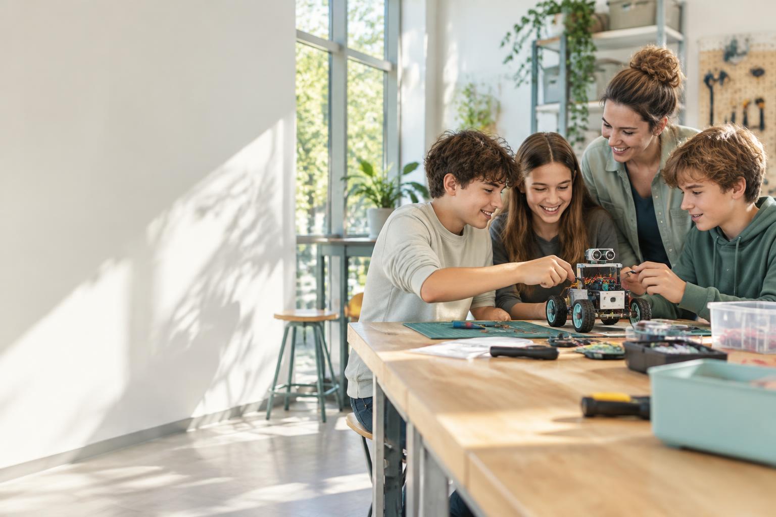 Schülerinnen und Schüler bauen gemeinsam mit ihrer Lehrerin einen Roboter.